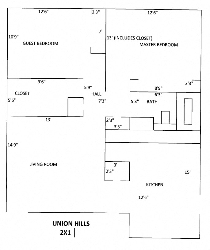 Floor plan for 2 beds, 1 bath, 800 sqft